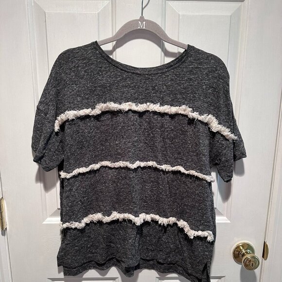 Old Navy Gray Linen White Tassel Fringe Tee - Size Medium - Picture 2 of 4